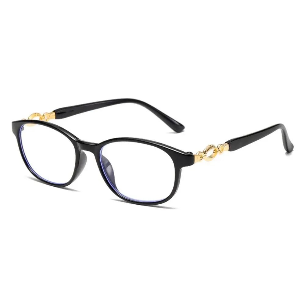 A pair of black progressive multifocal reading glasses with gold accents.