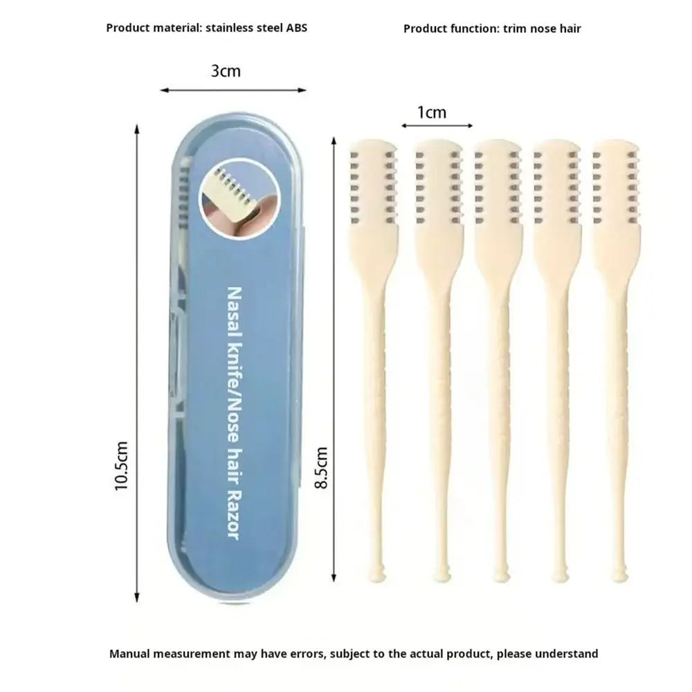 A set of reusable double-sided nose hair razors in light beige and blue packaging.