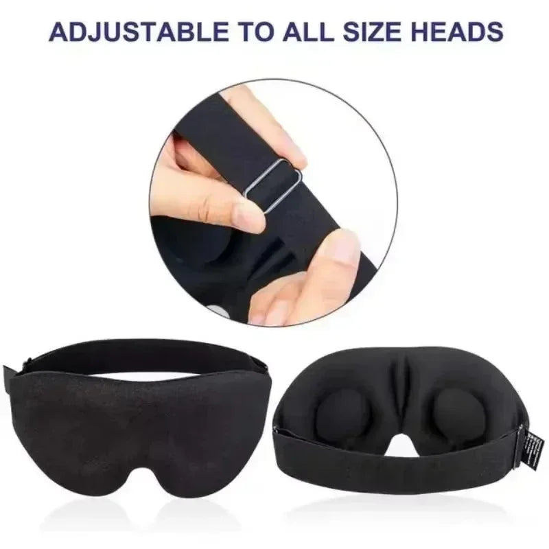 Black adjustable 3D full shading sleep mask shown with a hand for scale and product view.