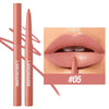 Tubo de delineador labial Longmanni en tono #05 junto a un primer plano de aplicación de lápiz labial mate rosa en los labios