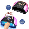 A pink and black UV LED nail lamp is shown with indicators for light off and light on.