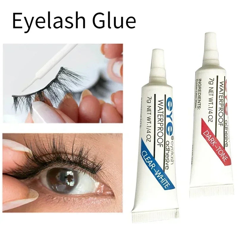 A bottle of Eyelash Glue in clear-white and dark-tone shades is shown next to a lash applicator.