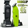 A black and lime green electric hair clipper with branding and specifications for a professional grooming tool.