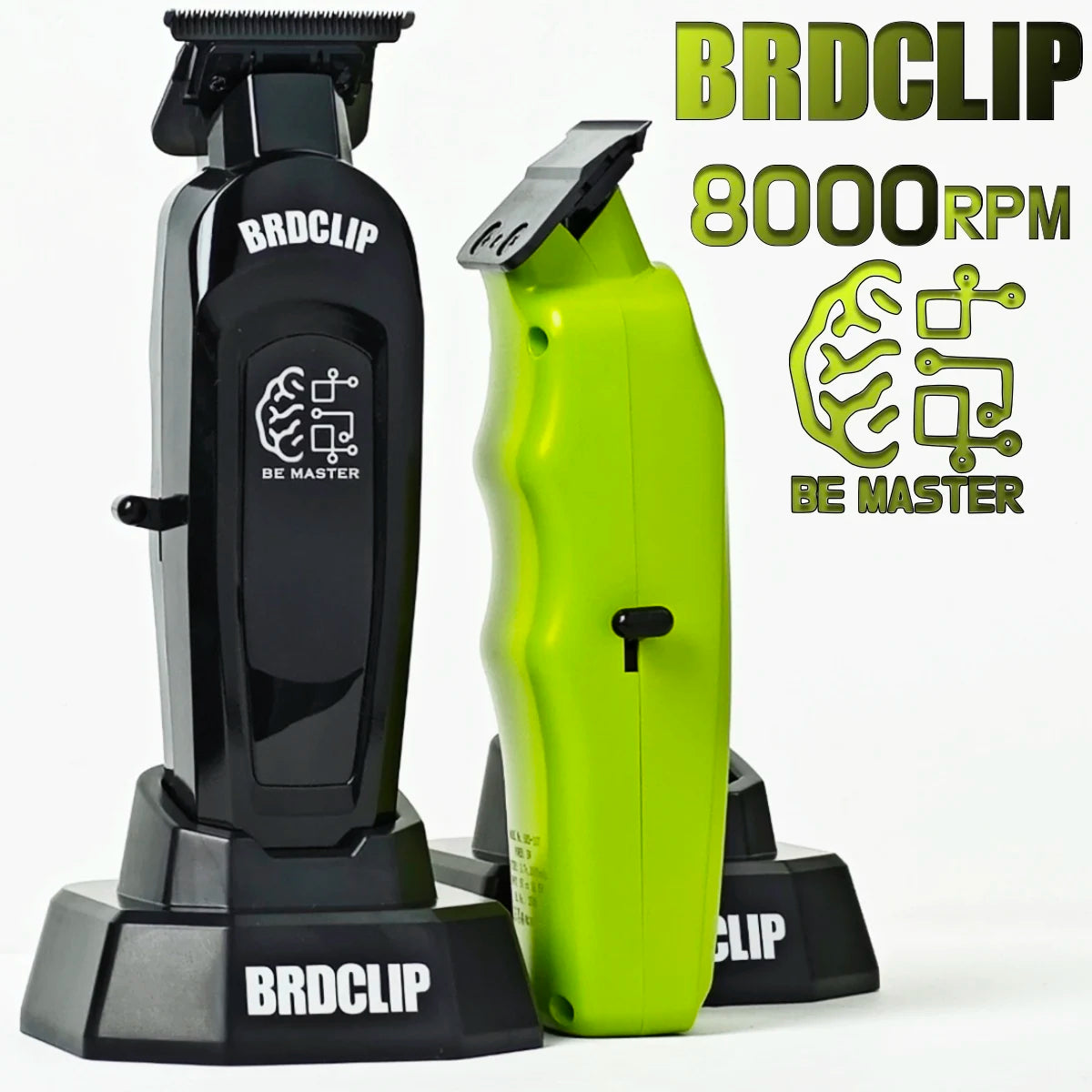 A black and lime green electric hair clipper with branding and specifications for a professional grooming tool.