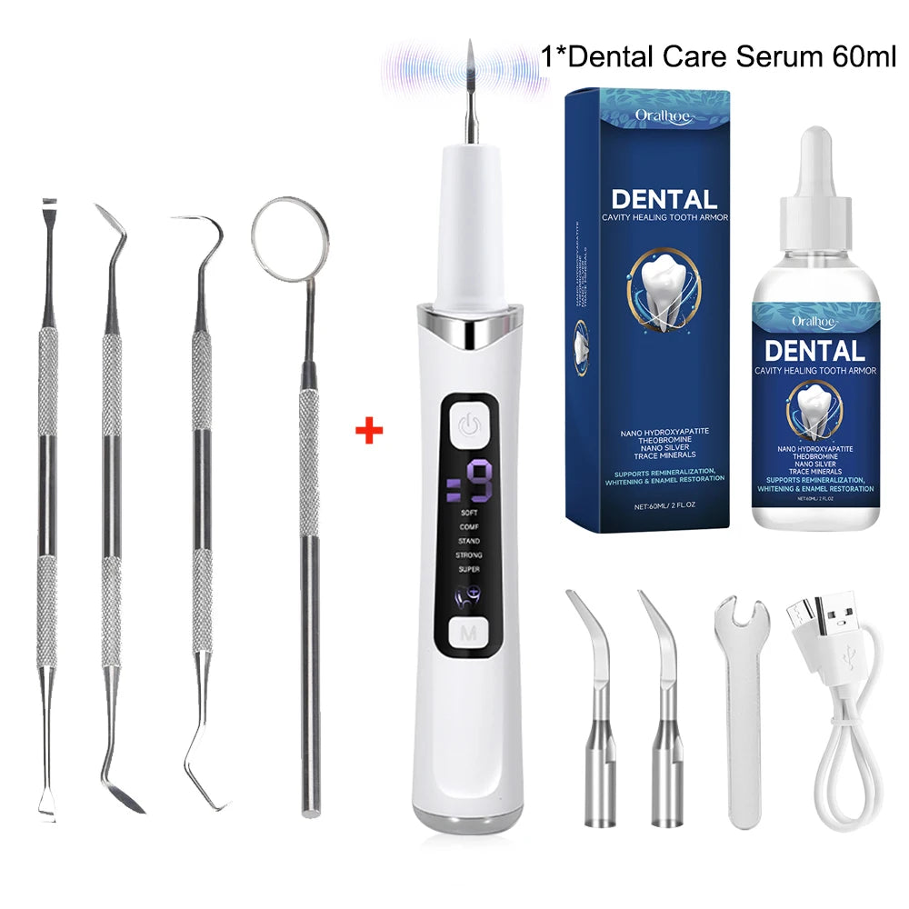 A set of dental care serums and a 5-mode ultrasonic dental scaler with LED light therapy device.