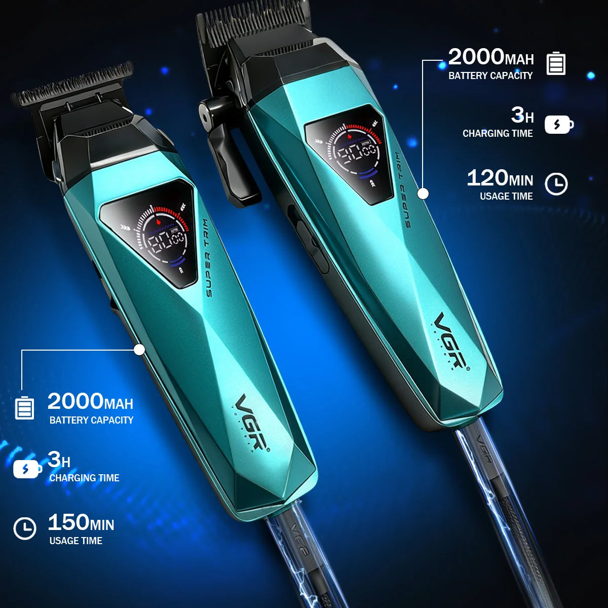 A pair of VGR electric hair trimmers in teal and black are shown with battery capacity and usage time specifications.