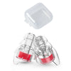 A pair of clear silicone earplugs with a storage case shown in an overhead view.