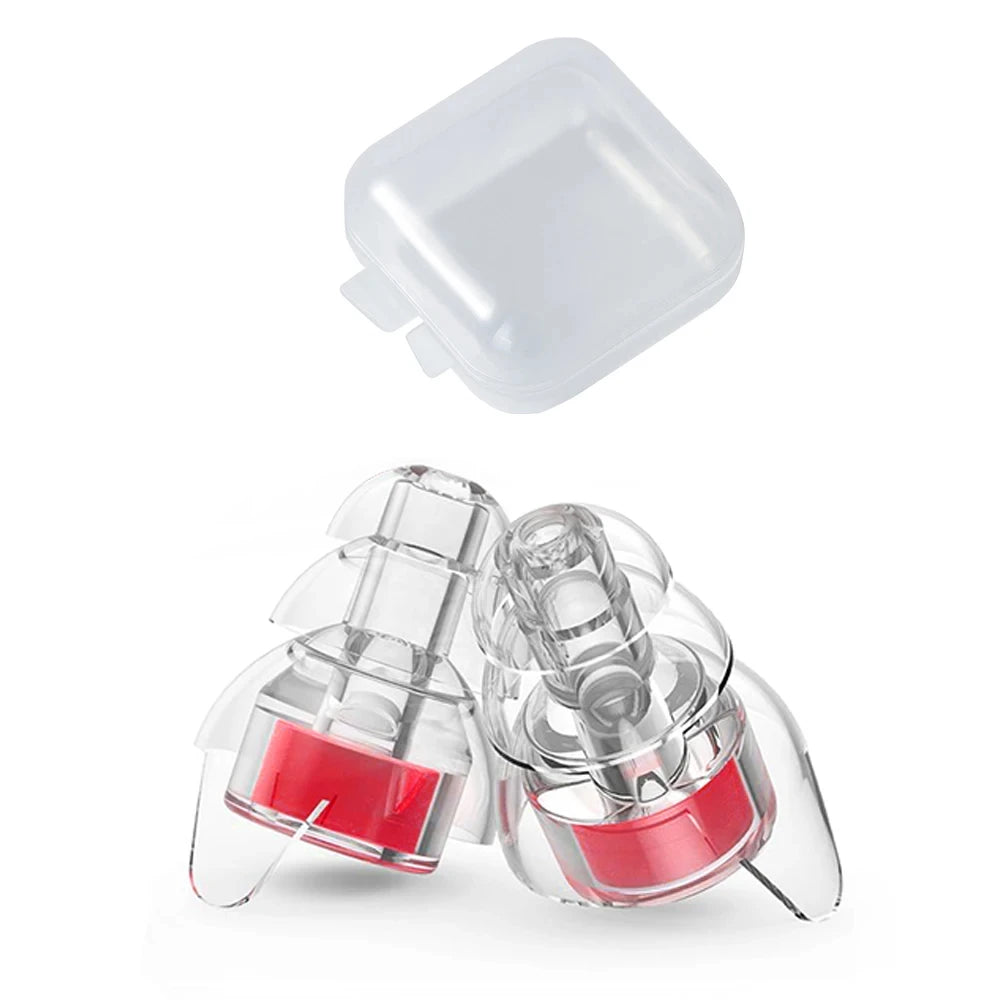 A pair of clear silicone earplugs with a storage case shown in an overhead view.