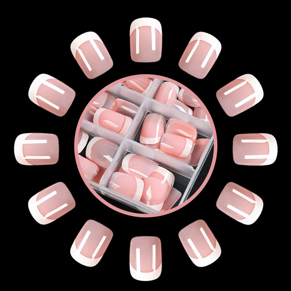 A circular arrangement of nude pink press-on nails with white French tips displayed against a black background.