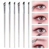 A set of ultra-thin angled eyeliner brushes shown alongside models demonstrating precise eye makeup application.
