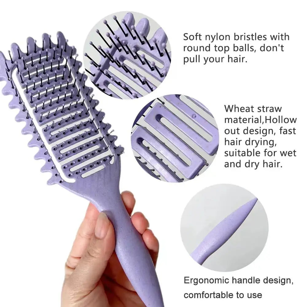 Set de cepillo para peinar de 3 en 1 morado con detalles de cerdas suaves, material de caña de trigo y ergonómico