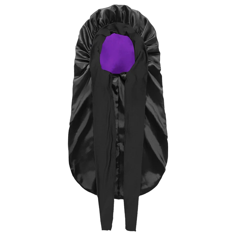 Black satin silk hair bonnet cap with a purple lining visible inside.