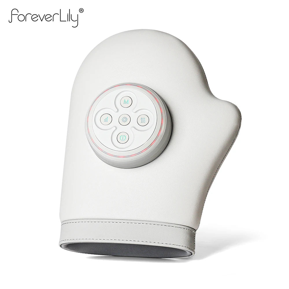 A white electric hand massager with a round control panel featuring multiple buttons.