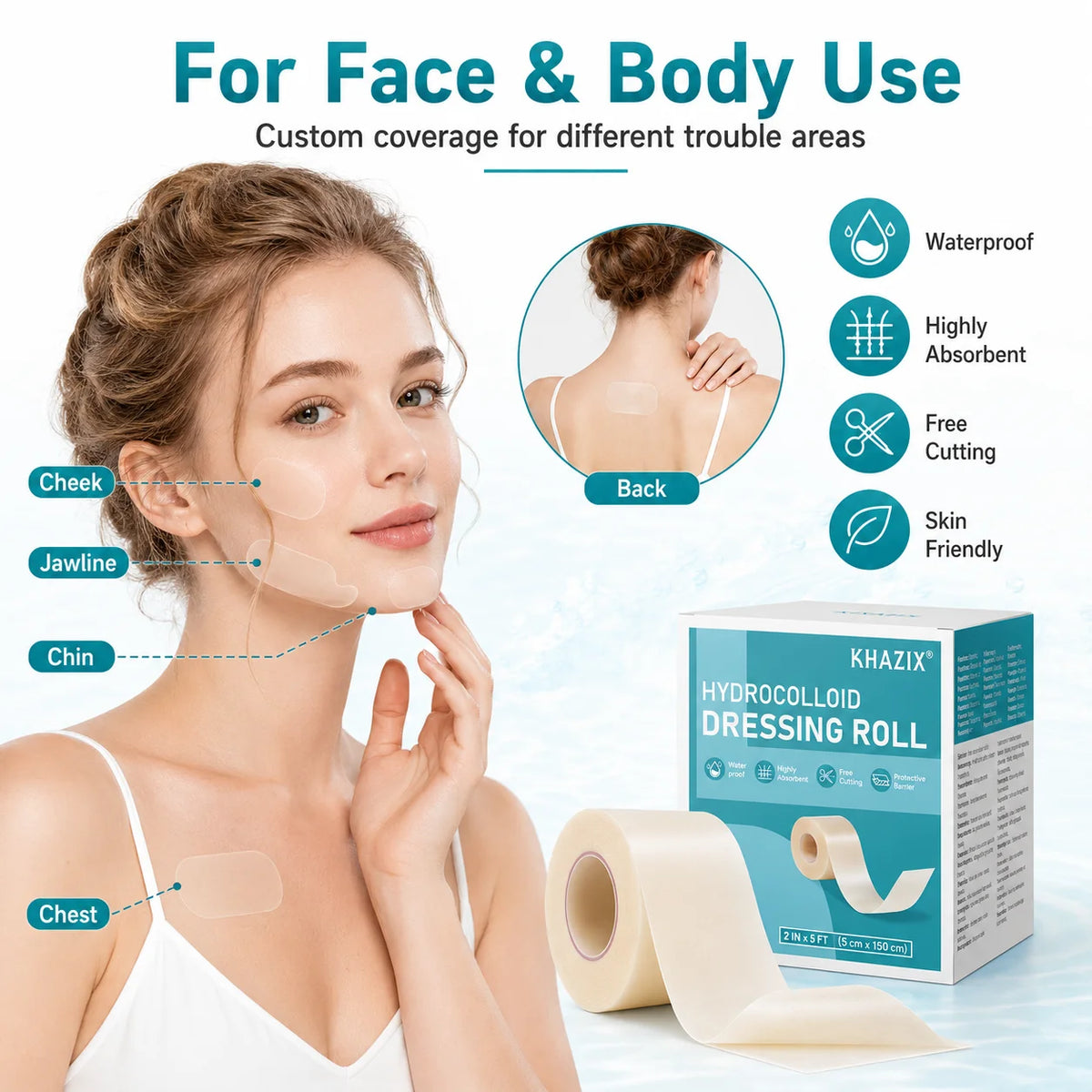 A roll of Hydrocolloid Dressing Roll product shown next to a woman applying patches on her face and body.