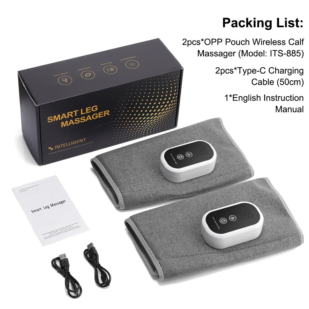 Box und Zubehör für einen Smart Beinmassierer inklusive Massagepads und Ladekabel.
