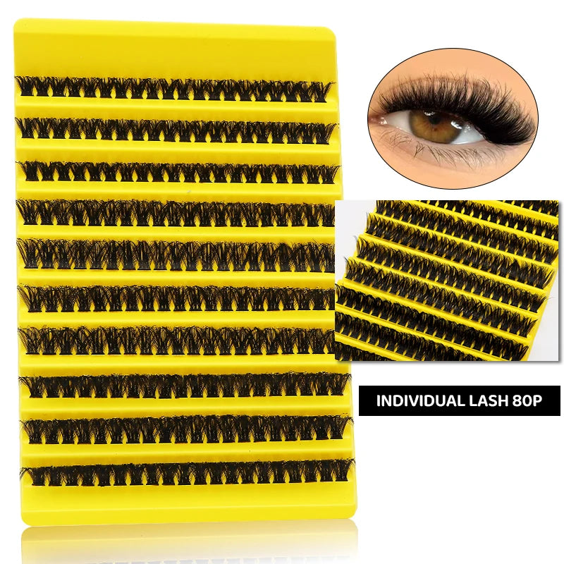 Yellow lash clusters for eyelashes shown in a tray with close-up detail of individual lashes