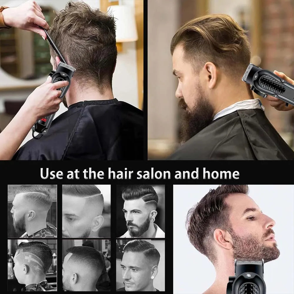 A professional cordless hair clipper is shown being used on a man's haircut at a salon and at home.