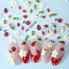 Embossed floral nail art stickers featuring spring designs and various insects on a light blue background
