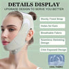 A woman is shown wearing a white facial lifting strap designed for contour definition.