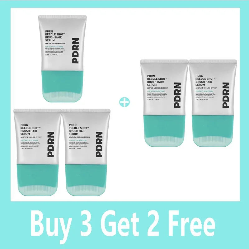 Three tubes of PDRN Reedle Shot Brush Hair Serum in light blue packaging are displayed for a Buy 3 Get 2 Free promotion.