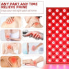 A red light therapy panel with multiple circular emitters is shown next to various close-ups of skin treatment.