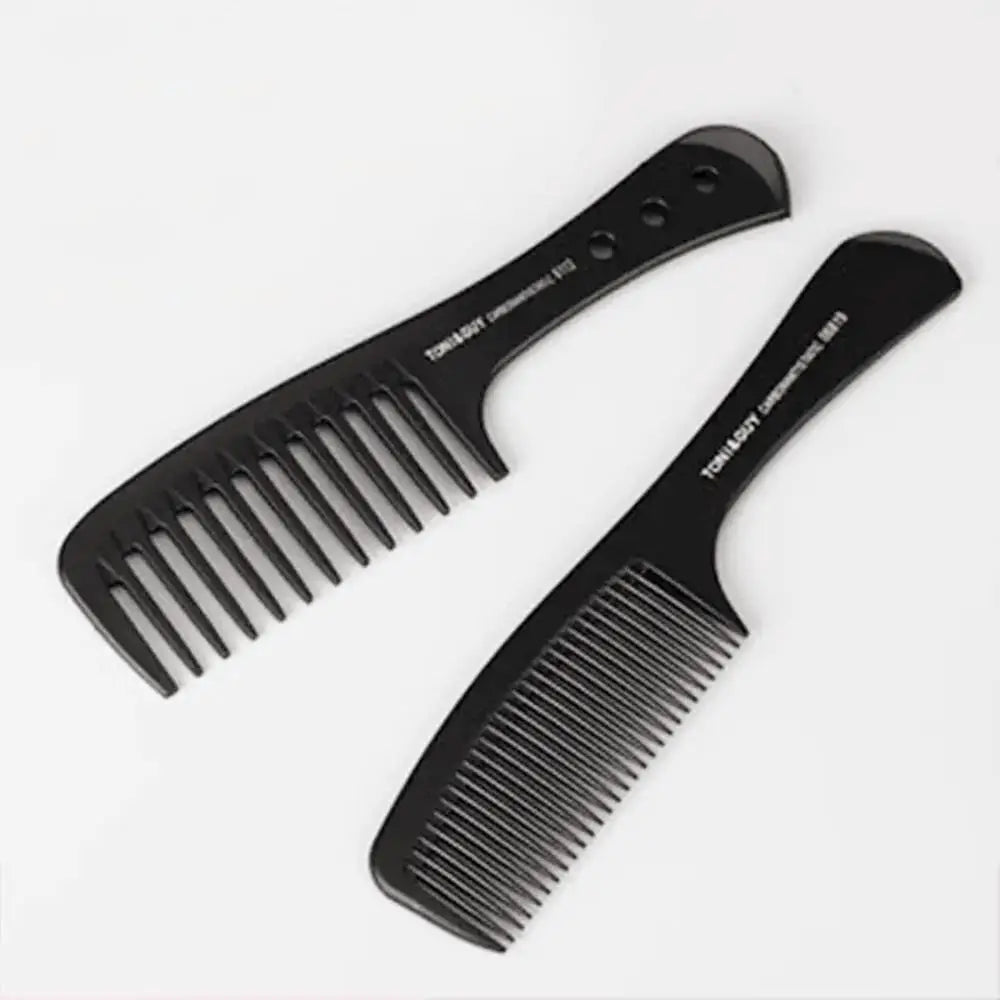 A pair of black anti-static carbon hair combs shown against a white background.