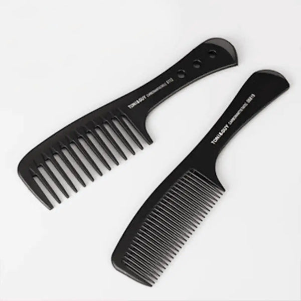 A pair of black anti-static carbon hair combs shown against a white background.
