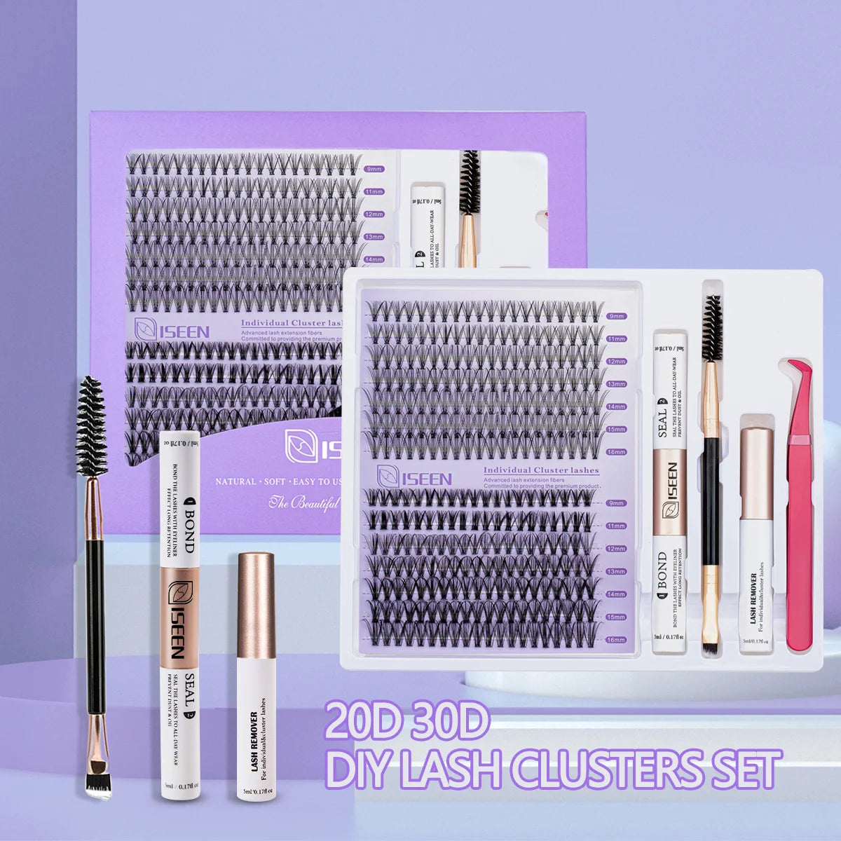 A set of fifteen individual cluster lash extensions including tweezers and adhesive for DIY lash clusters.