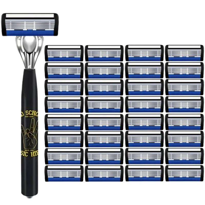 A black handle and silver head of a premium stainless steel shaver with multiple shaving foils.