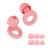 A set of pink silicone earplugs for noise reduction, shown in various sizes.