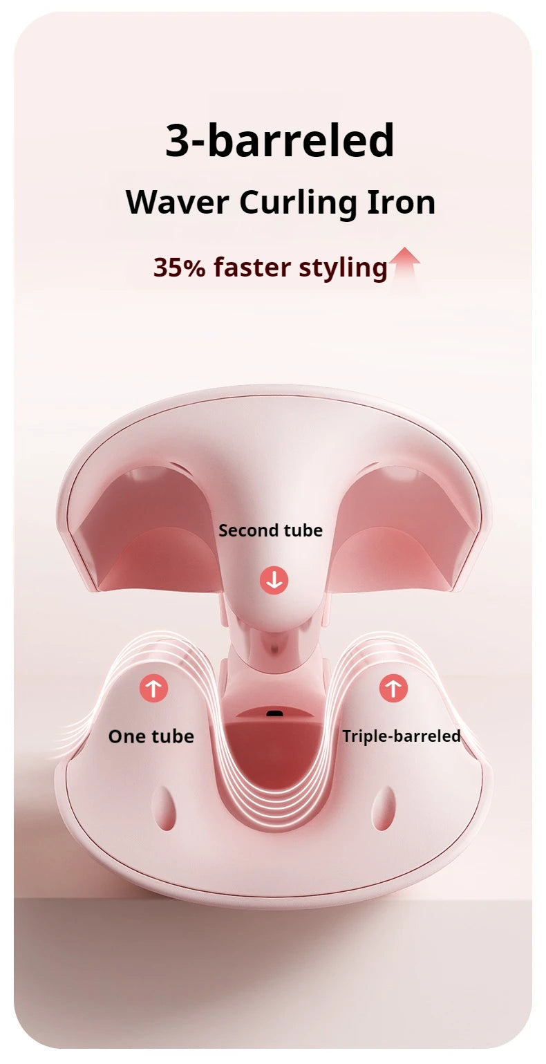 A pink 3-barreled Waver curling iron with three tubes shown in a close-up view.