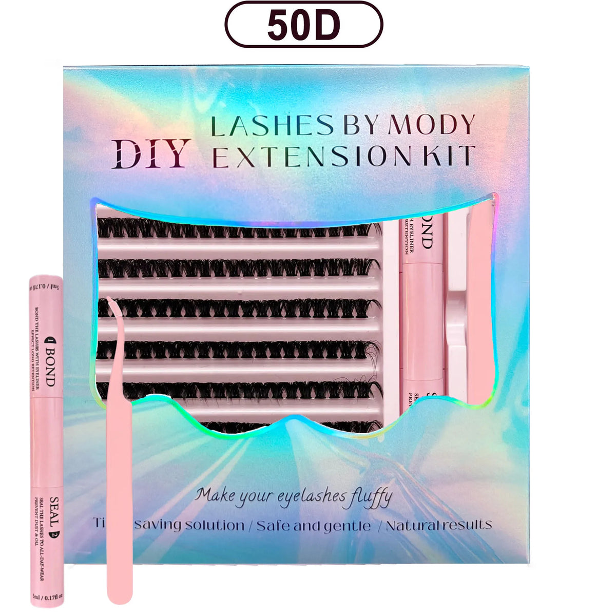 A pink DIY lash extension kit showing a comb, glue, and tools for making eyelashes fluffy.