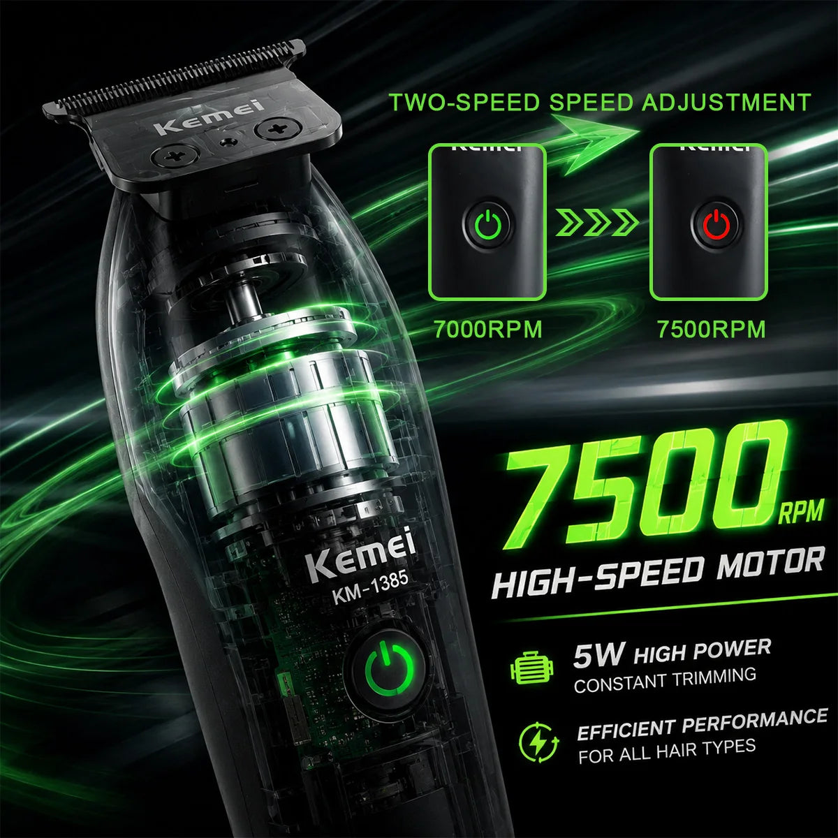 A black Kemei KM-1385 high-speed electric hair trimmer with two-speed adjustment features.