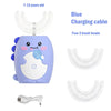 A purple kids sonic electric toothbrush with a blue charging cable and three brush heads.