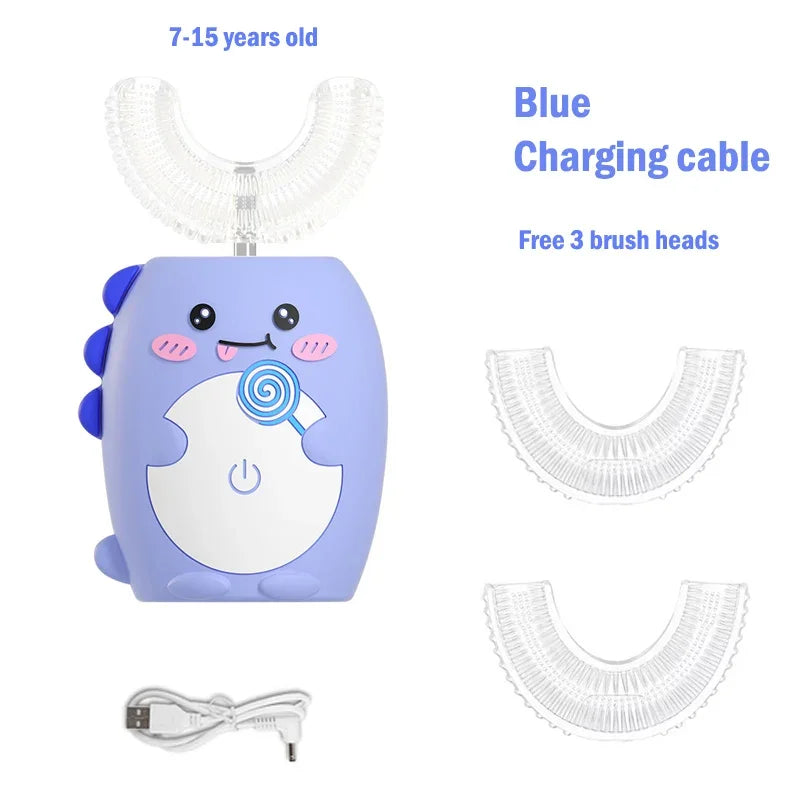 A purple kids sonic electric toothbrush with a blue charging cable and three brush heads.