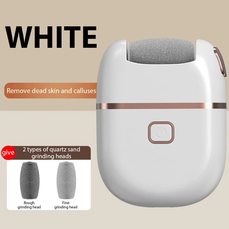 A white electric foot grinder with a textured head and a switch, showing two types of quartz sand grinding heads.