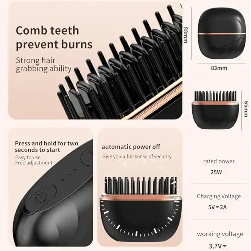 Black portable mini hair straightener showing various features and components.
