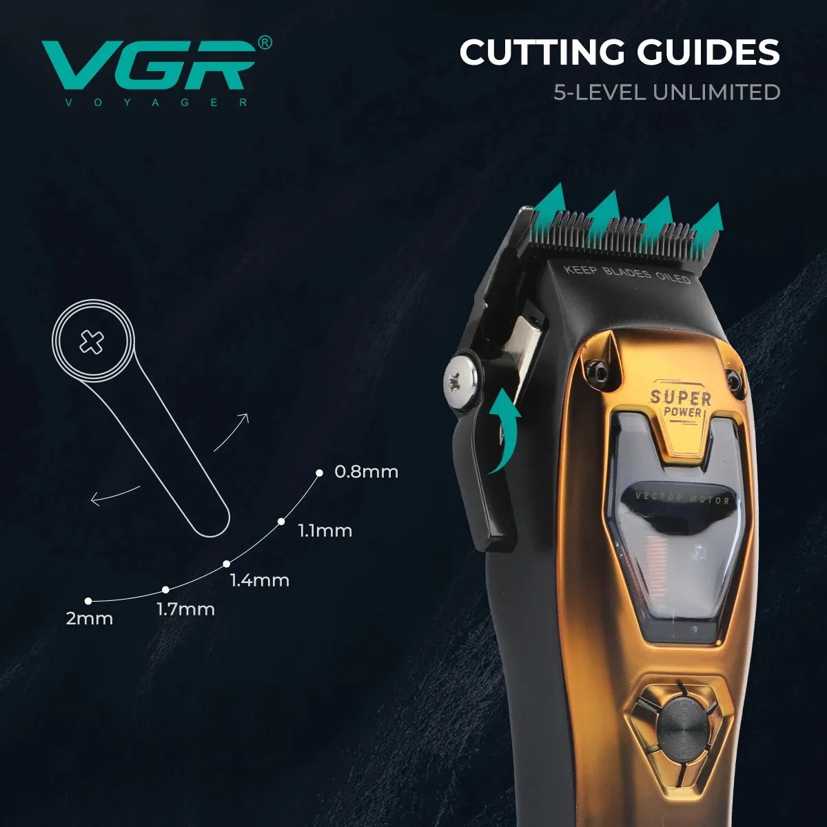 A close-up of a VGR Voyager cutting guide system for an electric hair clipper trimmer with super power features.