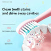A pink electric toothbrush is shown cleaning teeth, demonstrating high-frequency vibration and quiet exercise for stain remov