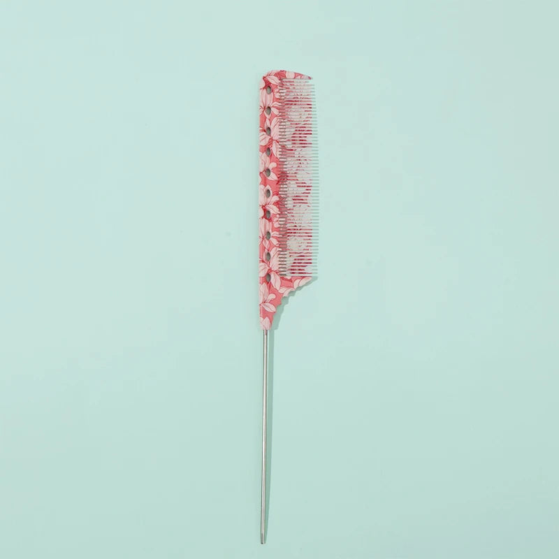 A pink anti-static rat tail comb with a silver handle.