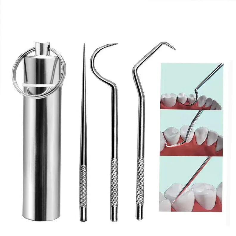 Ensemble de cure-dents en acier inoxydable réutilisables avec une tige principale et plusieurs embouts incurvés