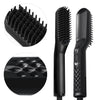 A black professional hair straightening comb with a textured head and a sleek body.