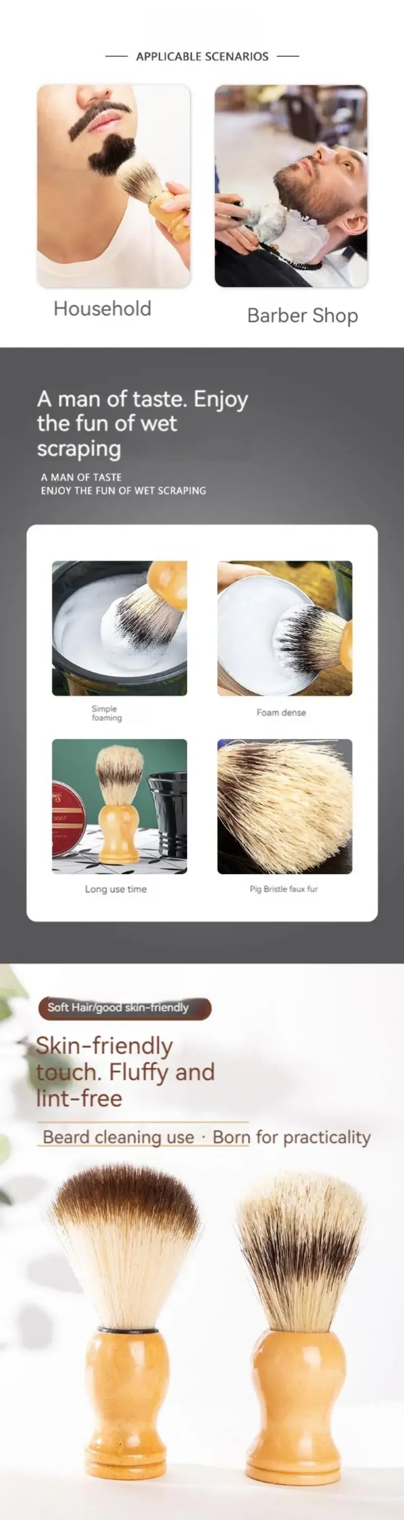 Set of two wooden beard and facial brushes with light brown bristles.