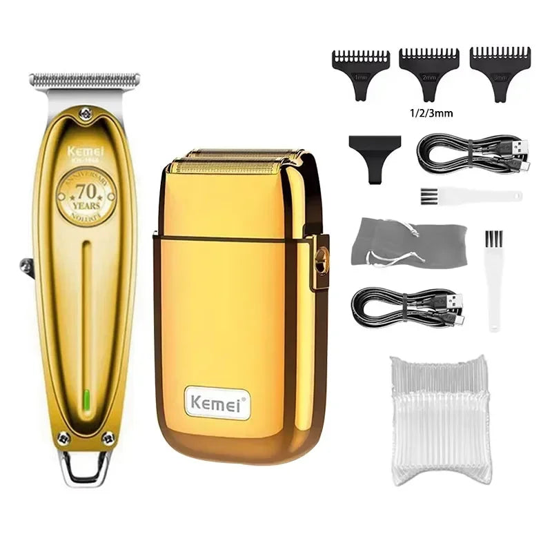 A set of Kemei professional rechargeable electric hair clippers, including the device, accessories, and charging cable.