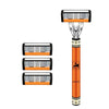 Orange and black six-blade manual razor with a lubricating strip for men