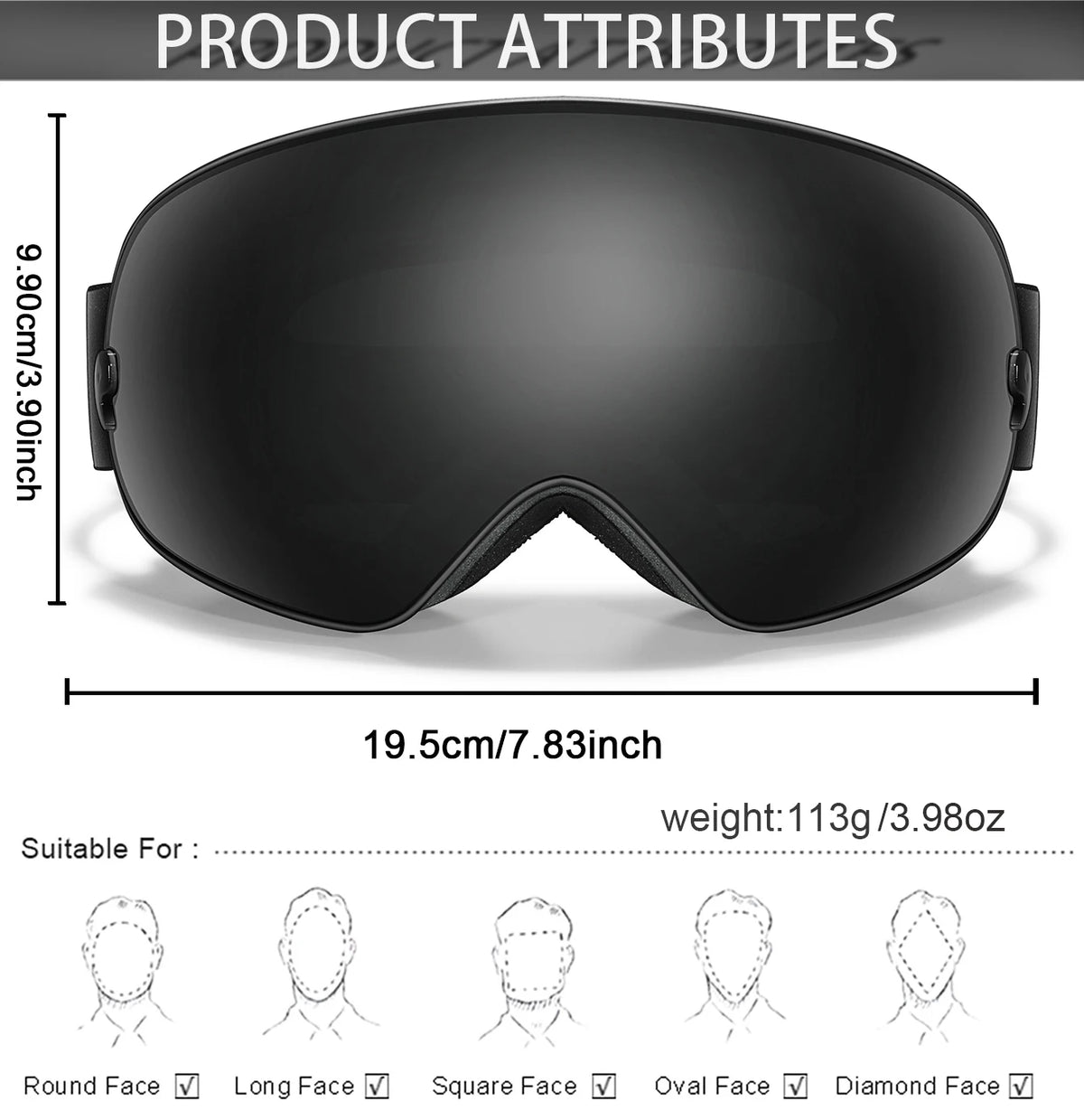 A black, oval-shaped sports goggle with a curved lens and adjustable fit is shown against a white background.
