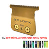 A gold-colored barber trim knife set with a serrated blade and three small round attachments.