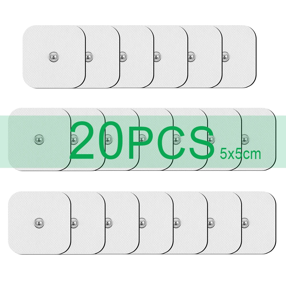 A set of twenty muscle stimulator electrode pads, white and square, with dimensions 5x5 cm.