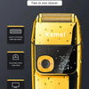 A yellow electric razor featuring a textured head and an LCD display, marketed as a classic reciprocating razor for body wash