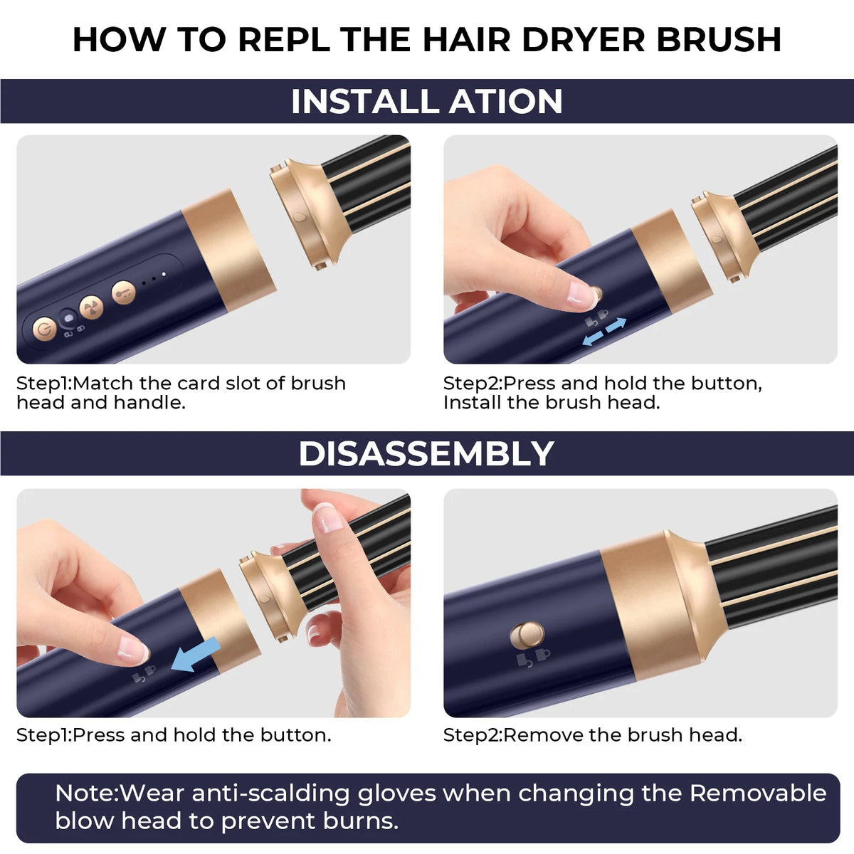 Instructions for installing and disassembling a hair dryer brush head.